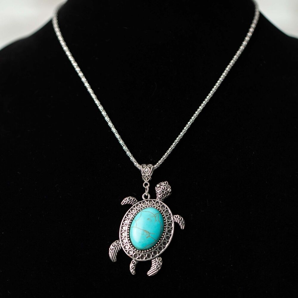 Turquoise Sea Turtle Pendant Necklace Silver Tone Boho Coastal Beach Jewelry